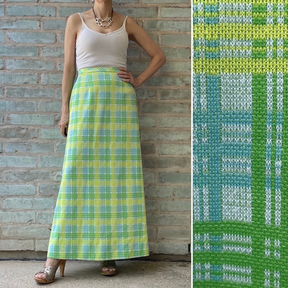 Vintage Dresses & Skirts - Vintage Maxi Skirt 60s Neon Plaid Stretch Poly Knit MCM A-line Green Blue